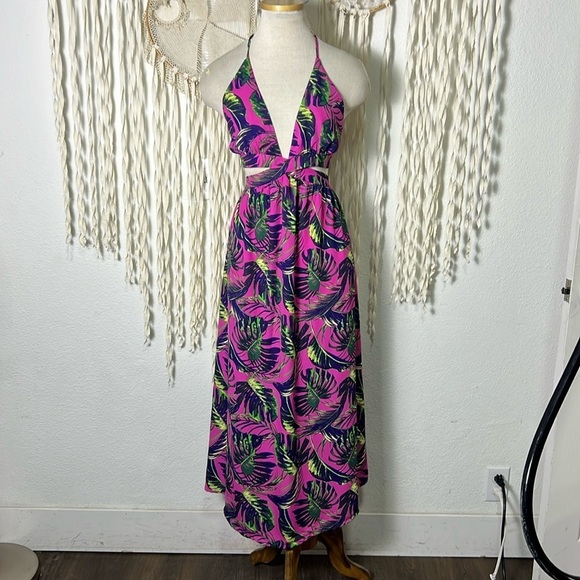 Minette Pink Purple Tropical Print Cut Out Dress Size M - Picture 1 of 9